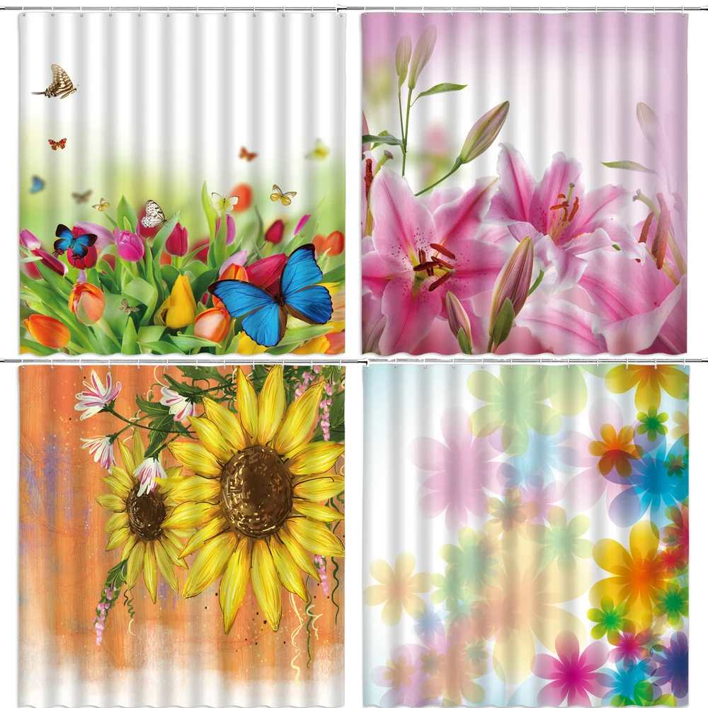 

Waterproof Shower Curtain Bathroom Butterfly Flower Printed Polyester Cloth Bathroom Curtain with Hooks Home Decor