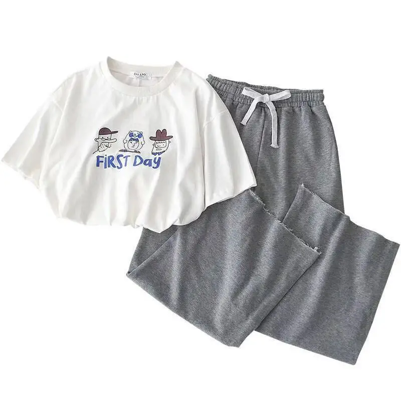set Костюм из двух частей весна Новая Женская Корейская версия рубашки с принтом эластичные с высокой талией повседневные брюки женские наборы - Цвет: set