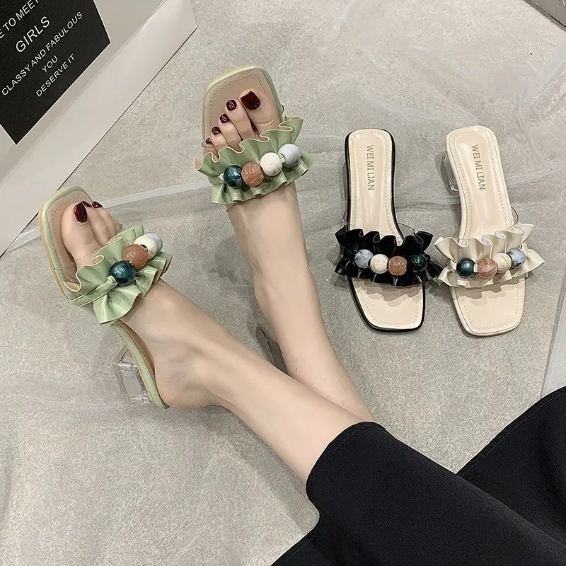 

2020 summer new fashion with sandals and slippers female wild wear beaded thick heel slippers sandals Z797