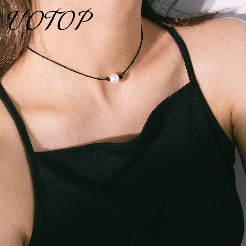Boho Этнические Vsco девушки имитация жемчуга женское колье, чокер милых и незатейливых улыбающихся черный кожаный шнур веревочные ожерелья ожерелье