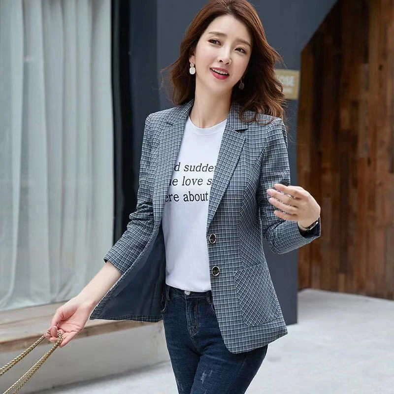 Винтажный двубортный офисный женский клетчатый блейзер с длинным рукавом