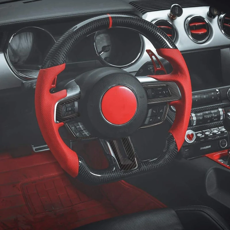 

Carbon Fiber Car Steering Wheel Trim Cover Frame Steering Wheel Panel Sticker Interior for Ford Mustang 2015+