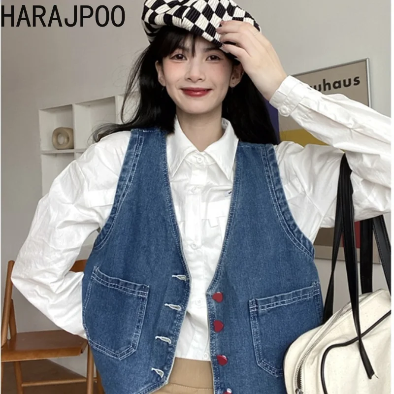 

Harajpoo Waistcoat Female Denim Pockets 2021 Autumn New Korean Fashion Sweet Cool V Neck Sleeveless Loose Woman Cropped Vests