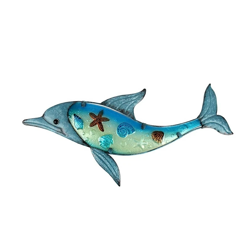 Garden Blue Dolphin Wall Artwork With Painting Glass for Outdoor Decoration Statues and Home Garden Decoration