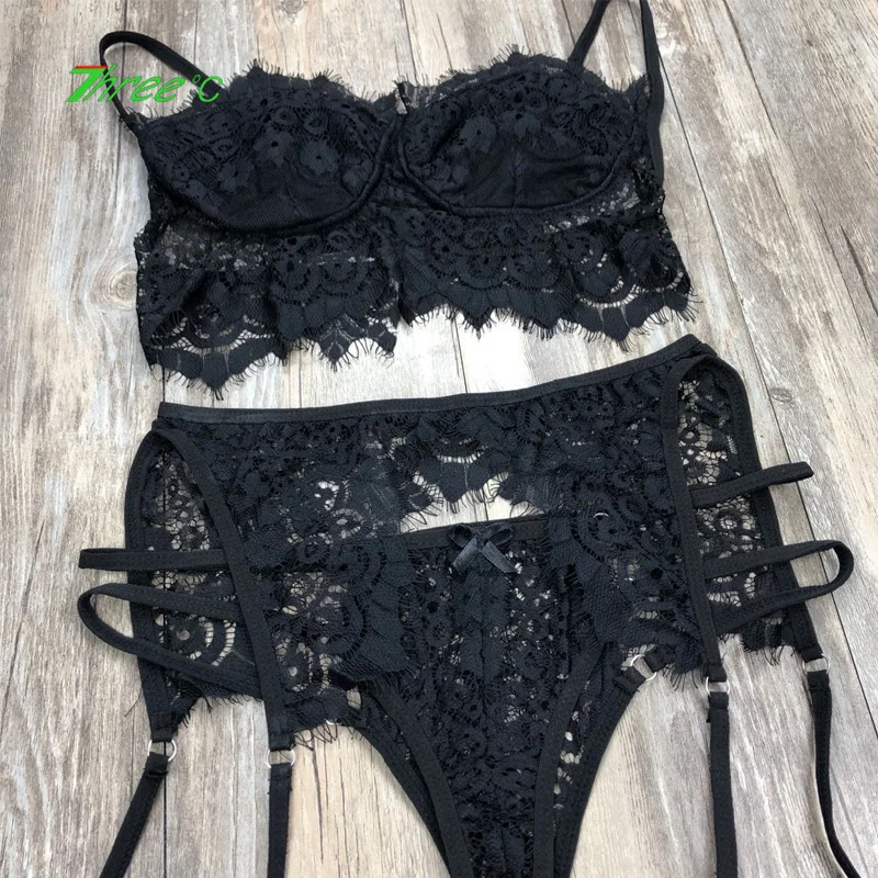 

Women Sexy Lingerie Three-Piece Set Lace Underwear Push Up Bra G-string Thong Nightwear Female Sexy Sleepwear Exotic Apparel