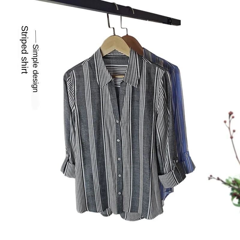 

Cotton Vertical Striped Shirt Women's Long Sleeve 2020 New Spring and Autumn Cotton All-match Temperament Shirt Slim