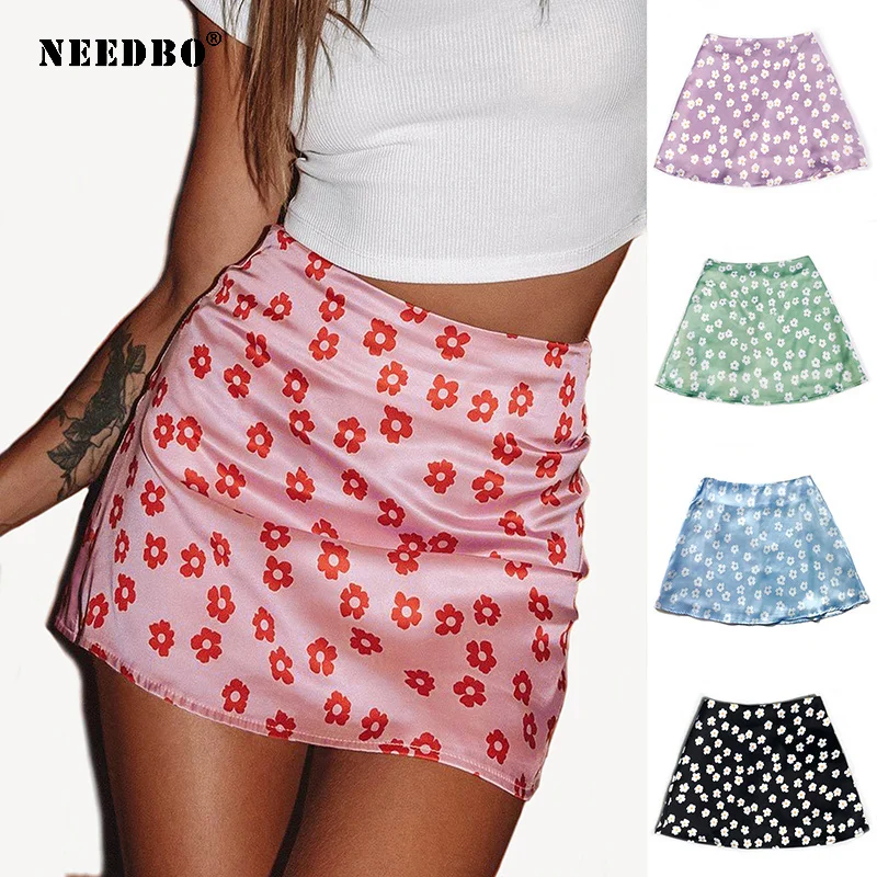 

NEEDBO Summer Short Mini Skirt Sexy Print Flora A-Line Skirt Short High Waist Streetwear Cute Sexy Skirt Women Elegant