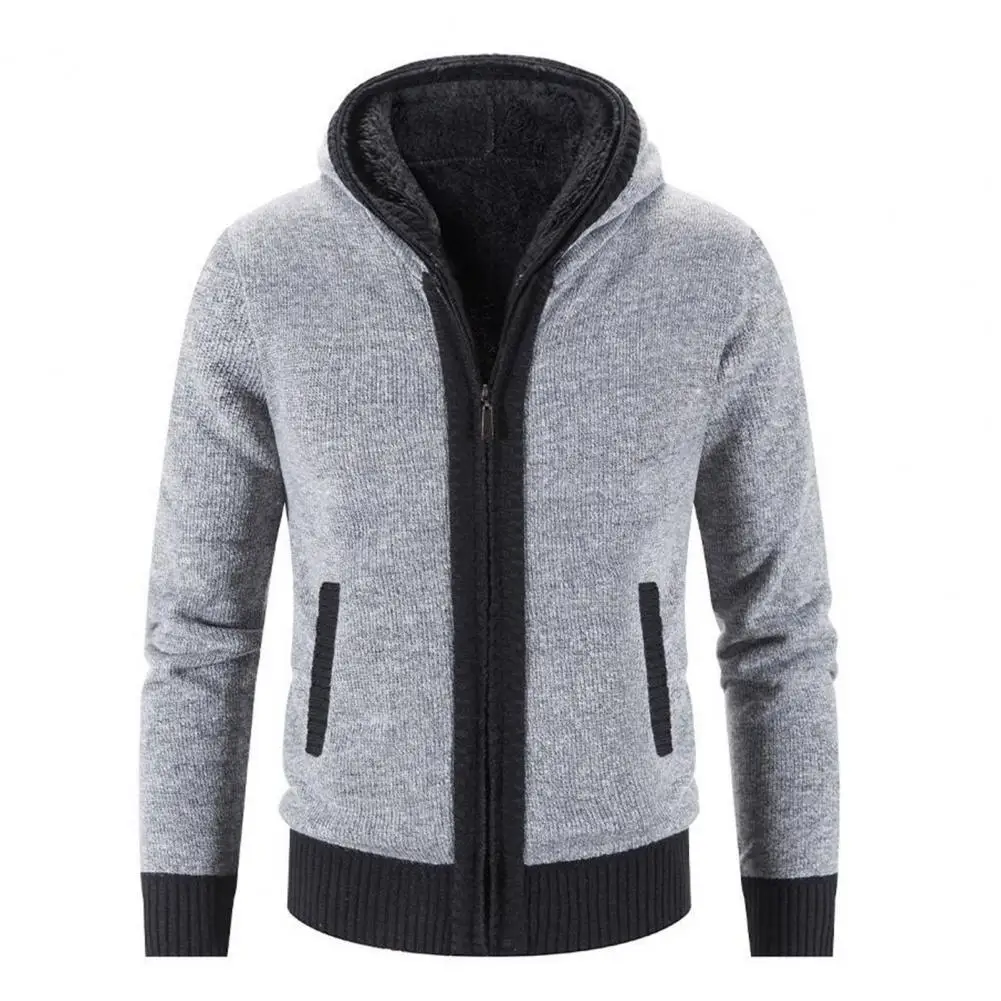 

Long Sleeve Patchwork Color Winter/Autumn Men's Jacket Zipper Closure Hooded Plush Lining Pockets Men Sweater Coat Knitwear