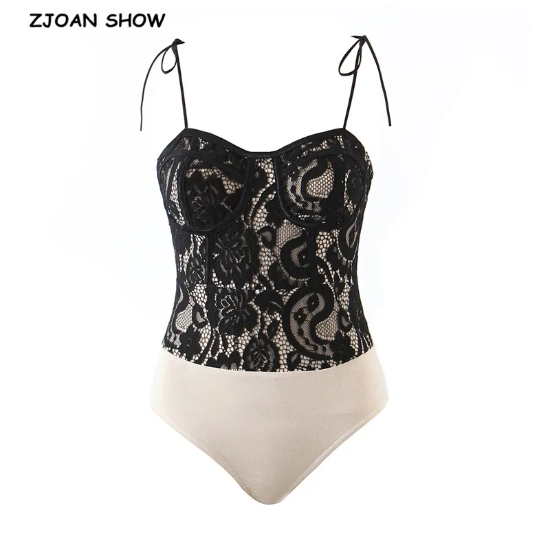 

2021 Sexy Contrast Color Hollow Out Flower Lace Spaghetti Strap Bodysuit Woman Tube Top Short Jumpsuit Slim Rompers Playsuits