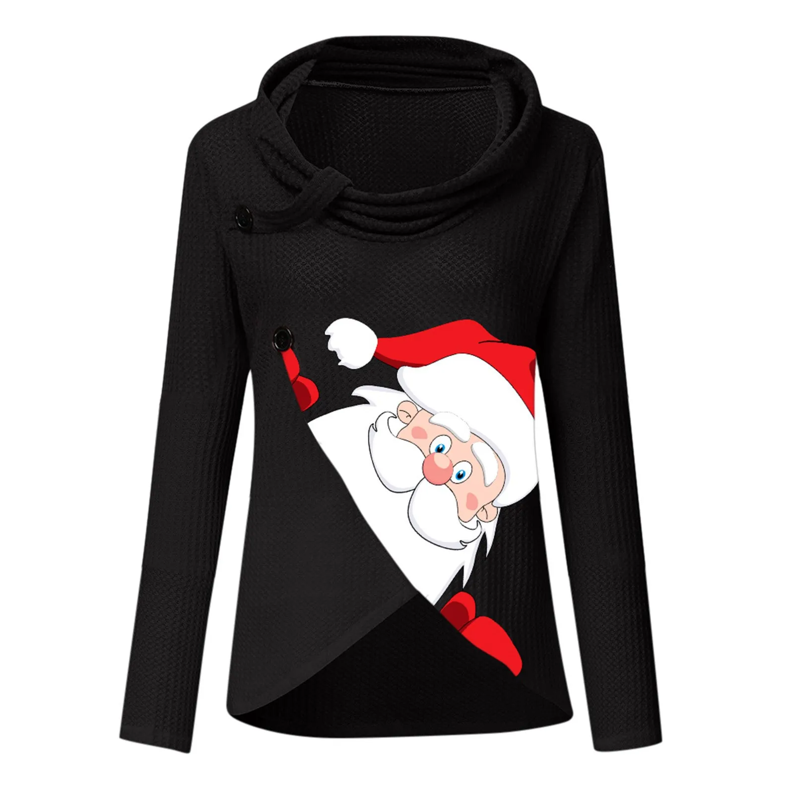 

New Woman Irregular Buttons Turtleneck Pile Neck Sweatshirt Top Ladies Fashion Christmas Printed Long Sleeve Hoodies Streetwear