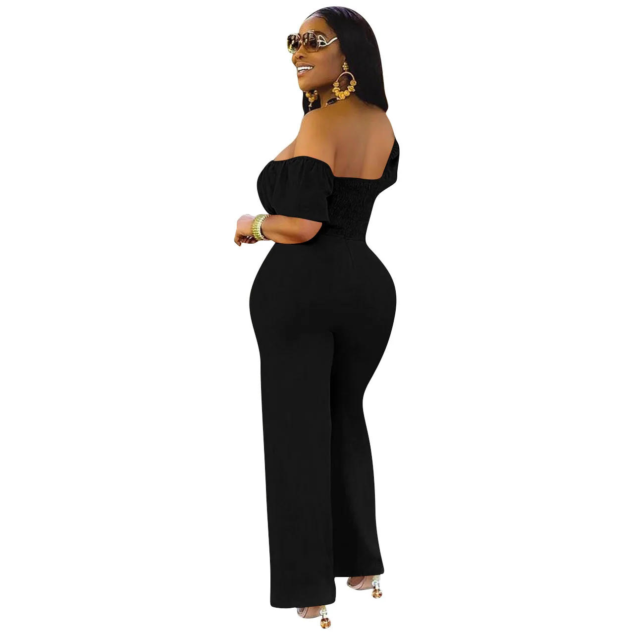 

Women's solid color open back one-shoulder one-piece casual wide-leg pants women's clothing