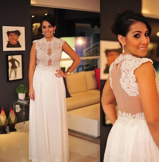 

2020 Illusion Back Capped Sleeves Wedding Dresses Lace Applique Sexy Neckline Wedding Gowns Plus Size Chiffon A Line Bride Dress