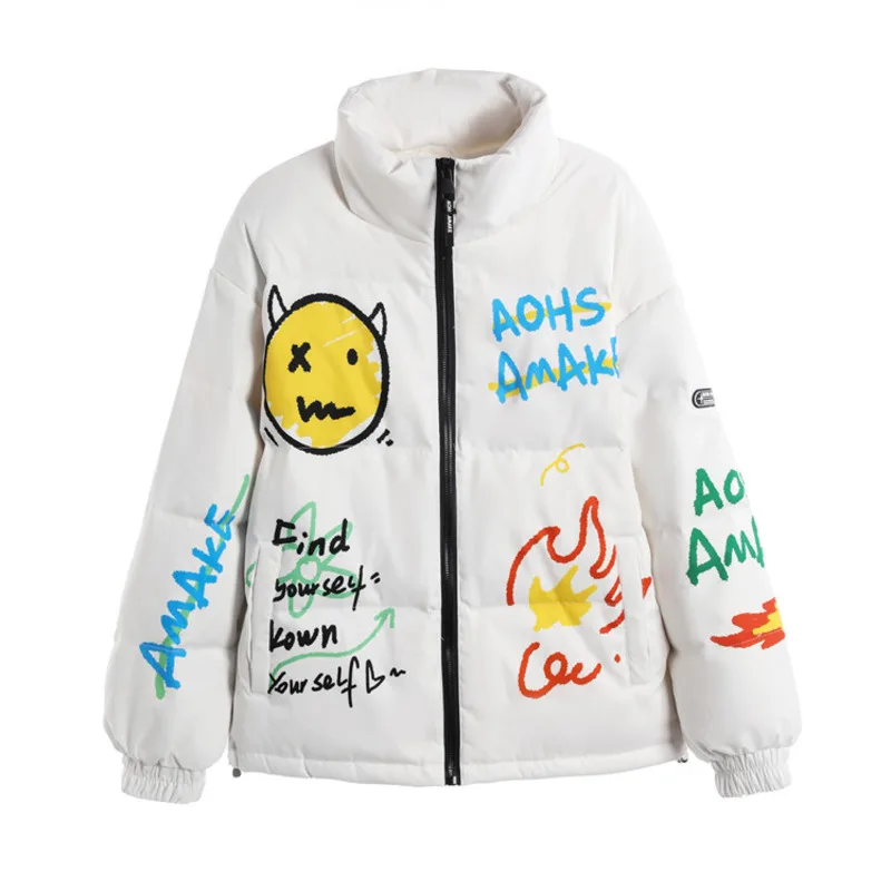 2021 Winter New Graffiti Hand Painted Dinosaur Smiling Face Down Jacket Couple Stand Collar White Duck Down Contrast Coat