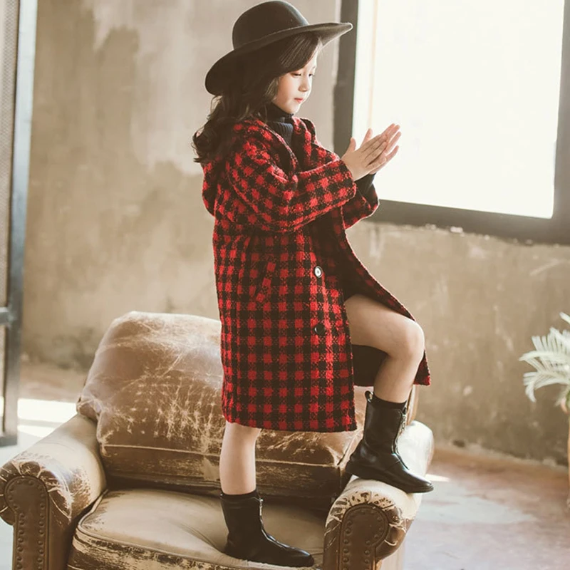 Детский плащ для девочек пальто малышей детская куртка Клетчатая Шерстяная