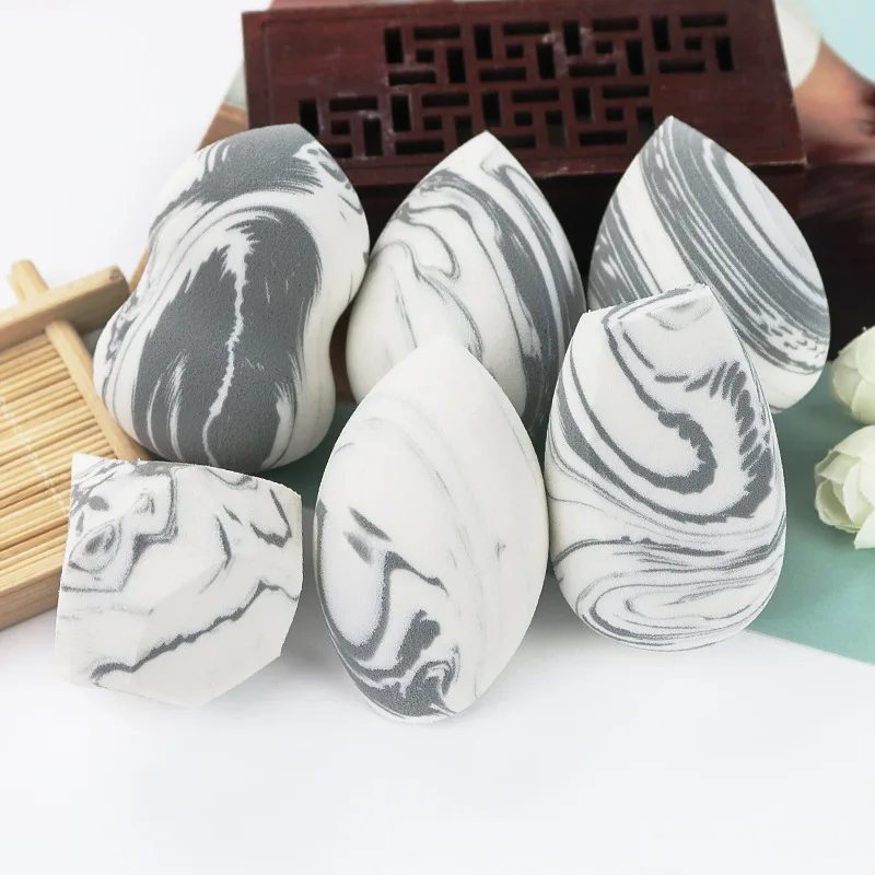 

Marble reusable non-latex gourd flat bottom bevel cut beauty egg low MOQ wholesale custom private label own cosmetic brand