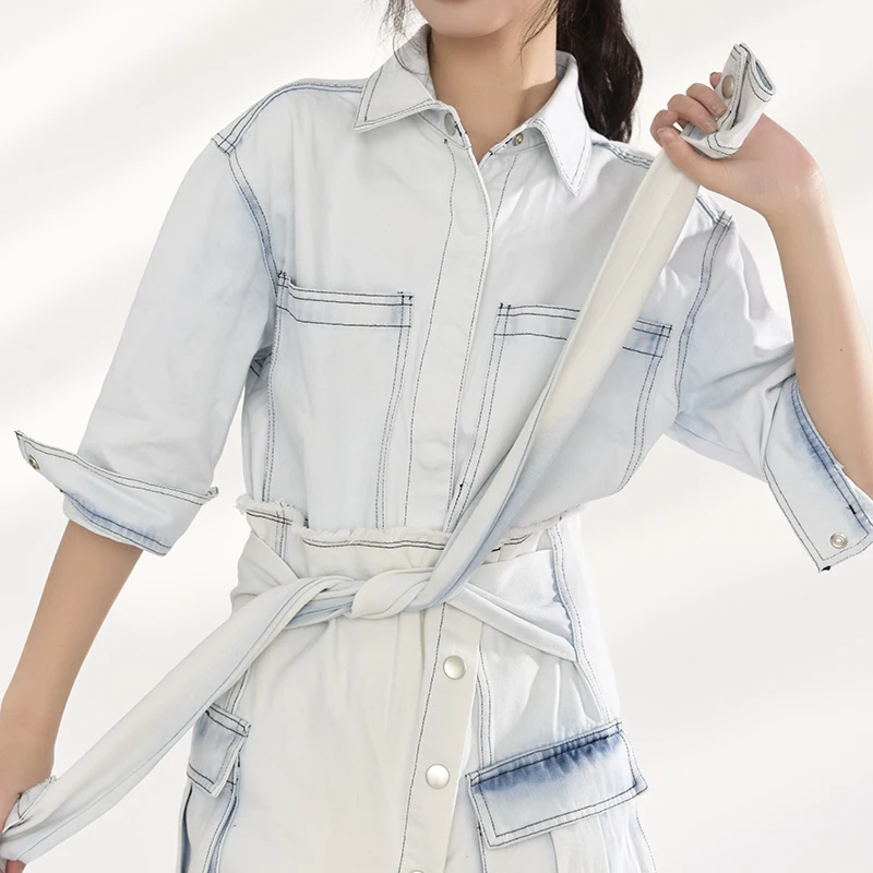 

[EAM] Denim Light Blue Skirt Big Size Two Pieces Suit New Lapel Half Sleeve Loose Women Fashion Spring Autumn 2021 1Y3310