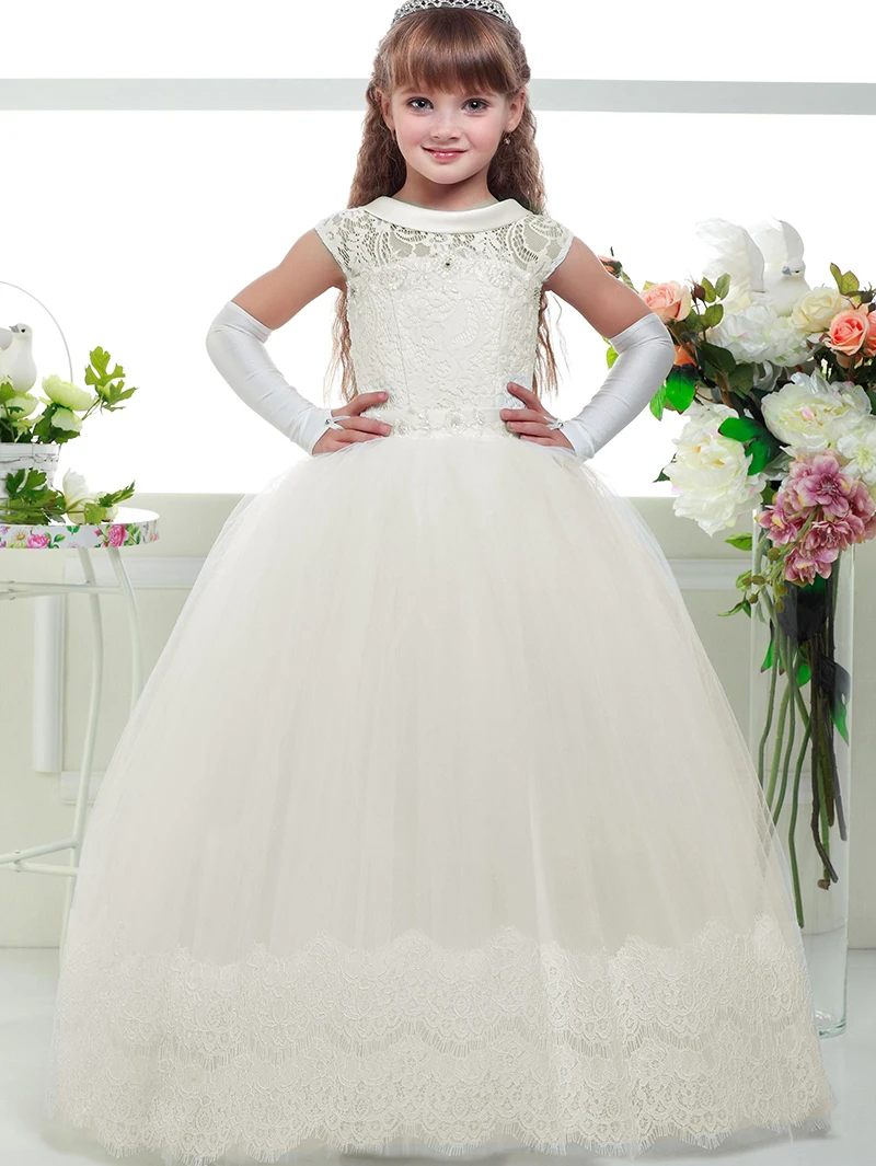 Ivory No sleeves Кружевное нарядное платье с рукавами три четверти и цветочным узором для девочек; детская праздничная одежда; Длинные вечерние платья для выпускного бала на свадьбу - Цвет: Ivory No sleeves