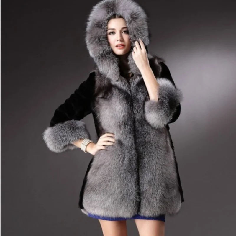 Fashion Women's Autumn And Winter Models Of Imitation Fox Fur Black Mink With Silver Fox Coat Office Lady WOMEN Single Breasted
