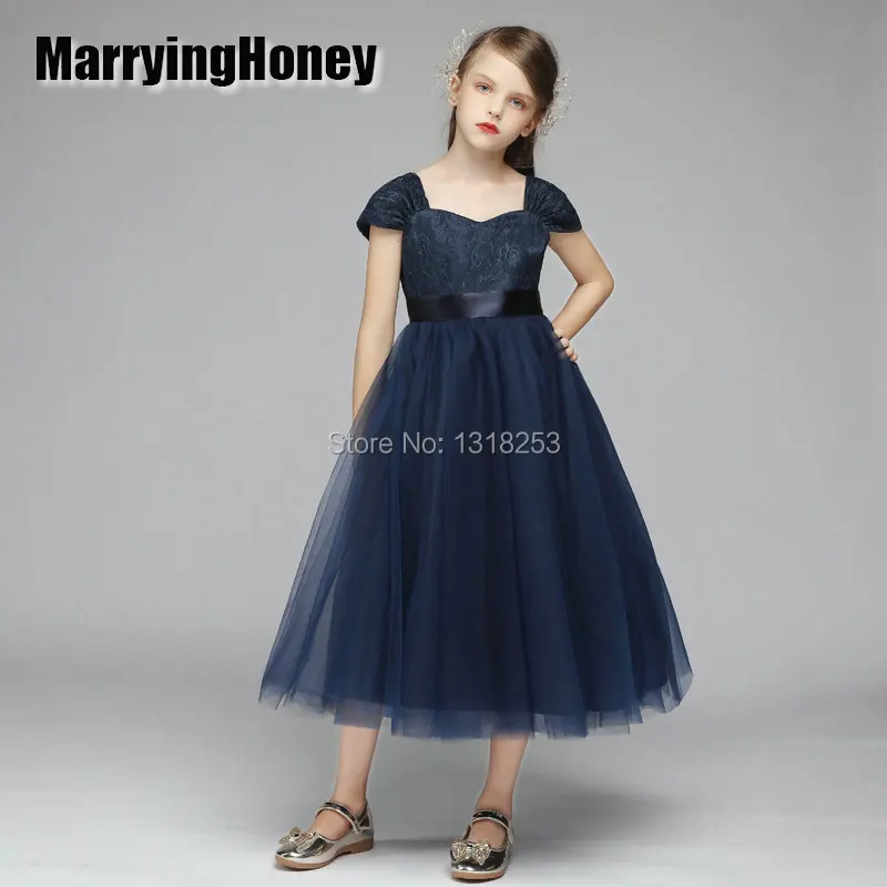 Темно синий Пышное Платье для девочек в цветочек платья маленьких платье