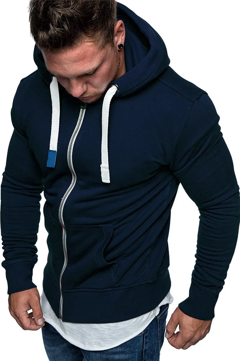 navy blue Мужская толстовка с капюшоном, свитер, Зимний пуловер с круглым вырезом и капюшоном для мужчин, плюшевое пальто-барашек, одноцветные толстовки для бега на молнии, спортивная куртка - Цвет: navy blue