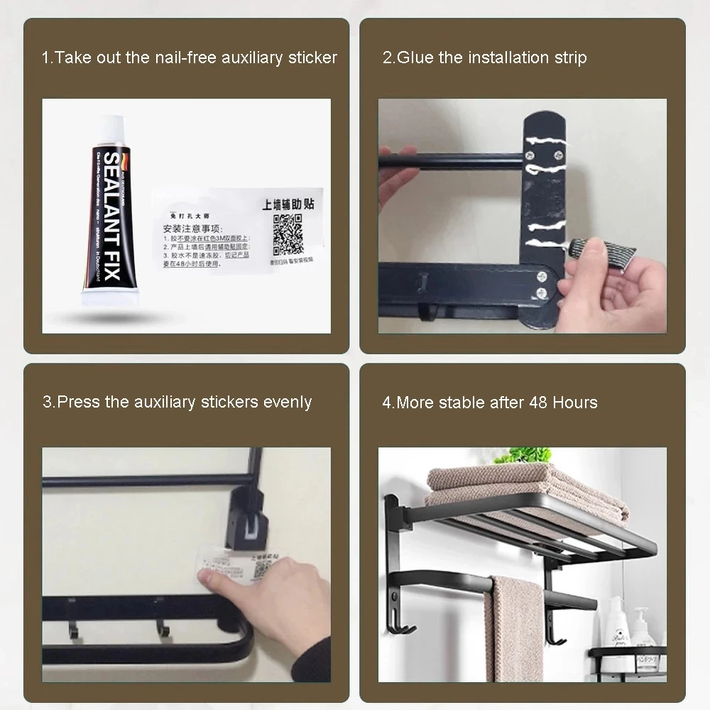 

1PC Punch-Free Black Storage Shelf Shower Holder Towel Rack Folding Wall Organizer Hook Hanger Bathroom Accessories