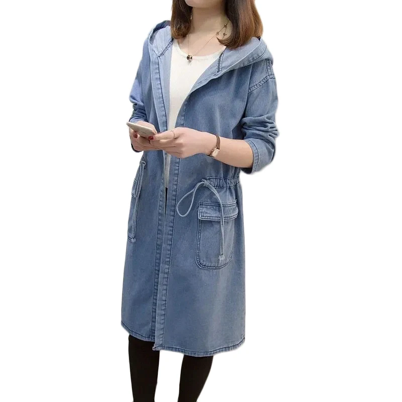 Куртка женская джинсовая с капюшоном модная длинная Базовая верхняя одежда