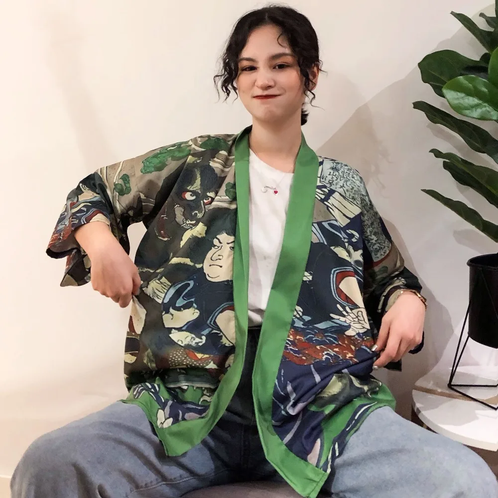 Женский кардиган в стиле Харадзюку летнее кимоно с цифровым принтом свободная