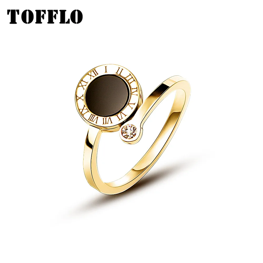 

TOFFLO Stainless Steel Roman Numeral Shell Ring Opening With Zircon Tail Ring Fashion Female Jewelry BSA036