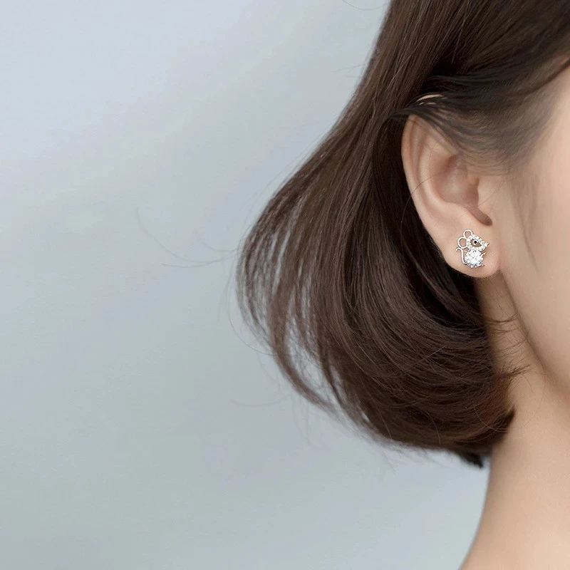 

YPAY 925 Sterling Silver Cute Mouse Stud Earrings For Women Wedding Jewelry Accessories Brincos Pendientes