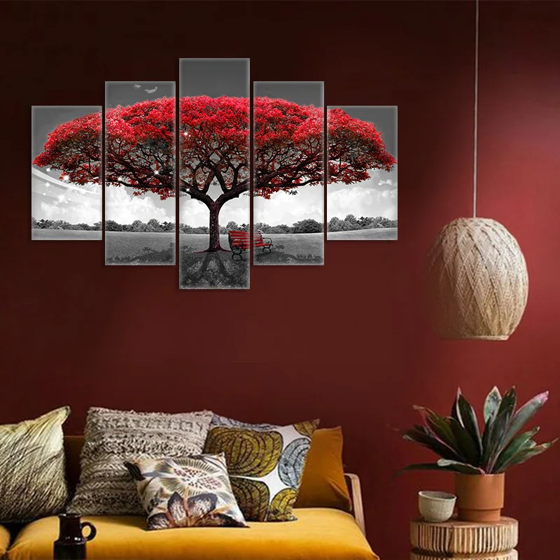 5 Panels Modular Red Leaves Tree Canvas Poster HD Printed Landscape Painting Wall Art For Living Room Decoration | Дом и сад