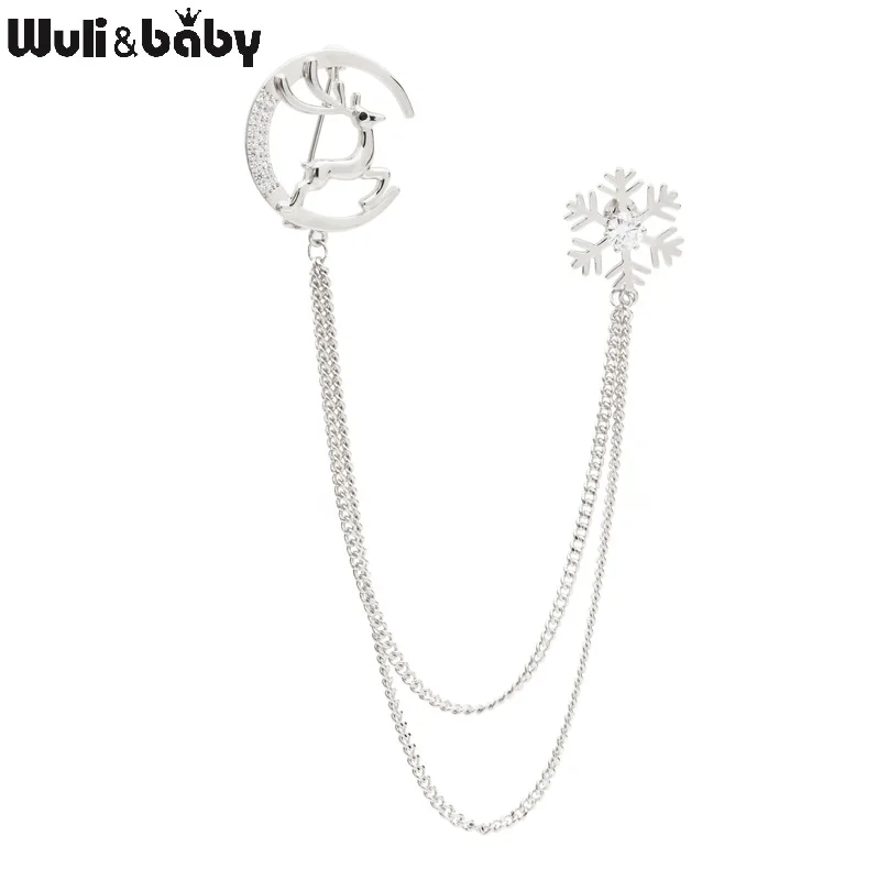 Wuli&baby Deer Elk Snowflake Tassel Brooches Gold Silver Color Czech Rhinestone Animal Collar Pins Christmas Gifts