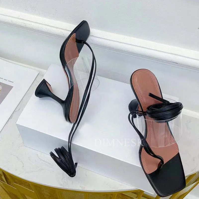 Beli 2021 Cup Sandal Ujung Kaki Split Hak Tinggi Wanita Clear PVC Ankle Strappy Gladiator Sandalias Musim Panas Seksi Pesta Klub Malam Wanita