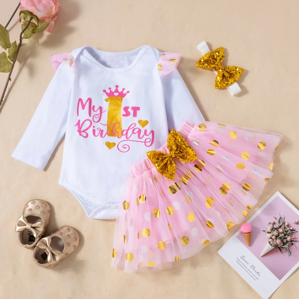 

Baywell Infant Baby Girls Clothes Sets Letter Print Romper Mesh Lace Tutu Skirt Clothing Set 3Pcs Newborn Birthday Party Suit