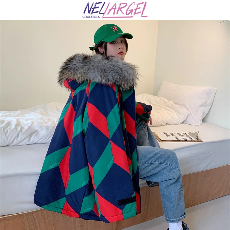 NELLARGEL Women Korean Fur Collar Harajuku Puffer Jacket 2022 Female Japanese Streetwear Hooded Parkas Girl Winter Bubble Coat