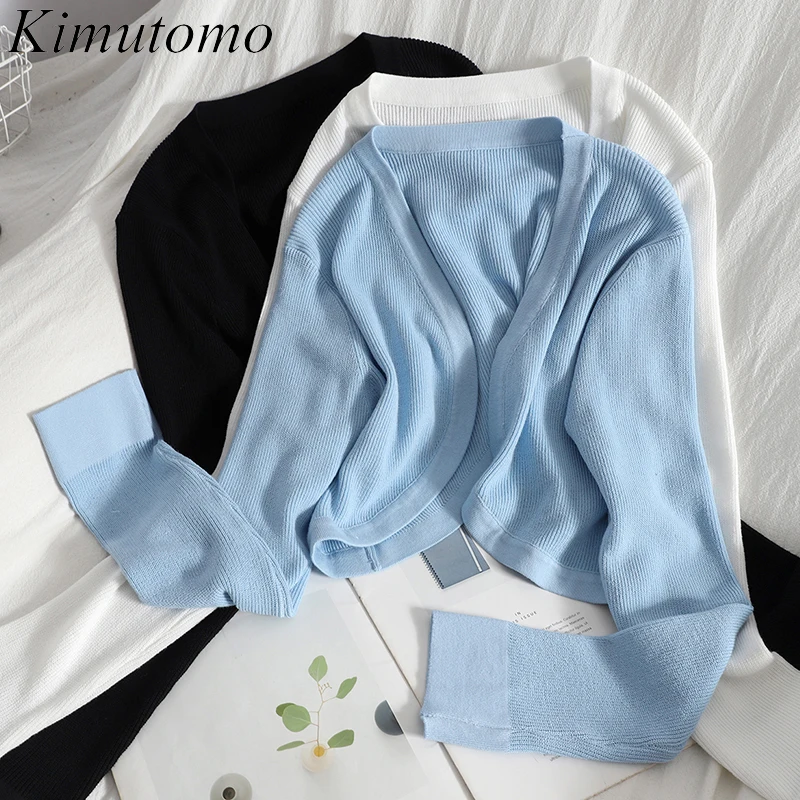 

Kimutomo однотонный простой кардиган для женщин Лето 2021 корейская мода с длинным рукавом V-образным вырезом трикотажный короткий топ женский Ун...