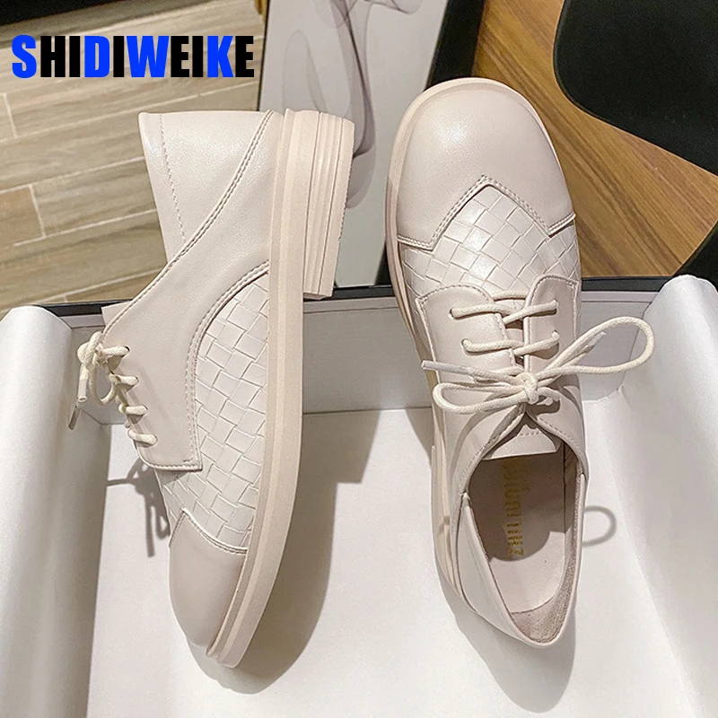 

Women Oxford Flats Spring Autumn Shoes for Woman Soft Leather Brogues Vintage Lace up Loafers casual weave Black Girls Shoes