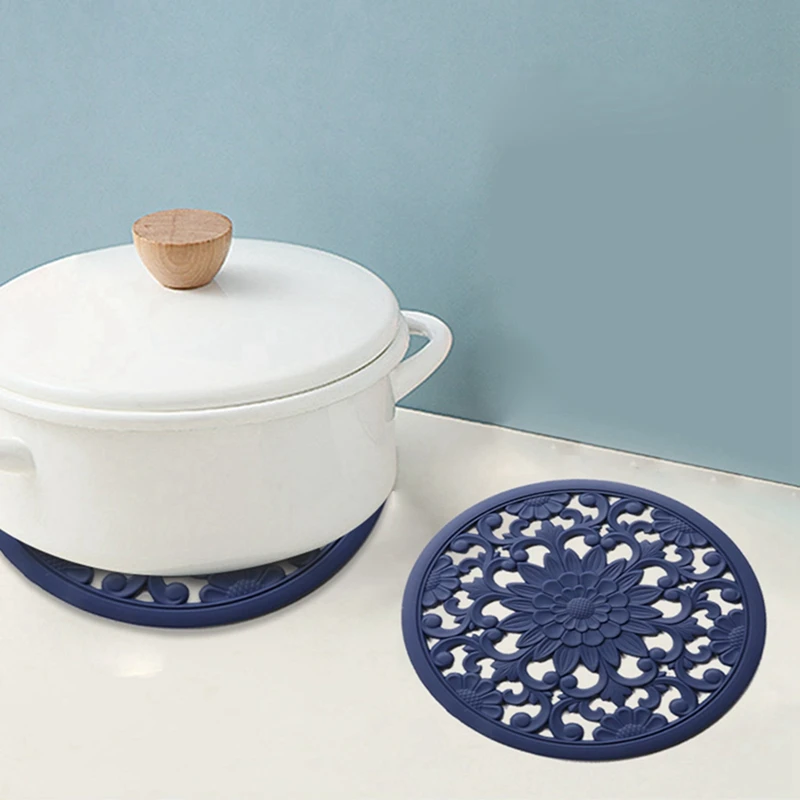 

Luxury Thick Silicone Heat Insulation Pad Round Trivet Set Exquisite Carved Silica Gel Heat Resistant Pad Tableware Mat