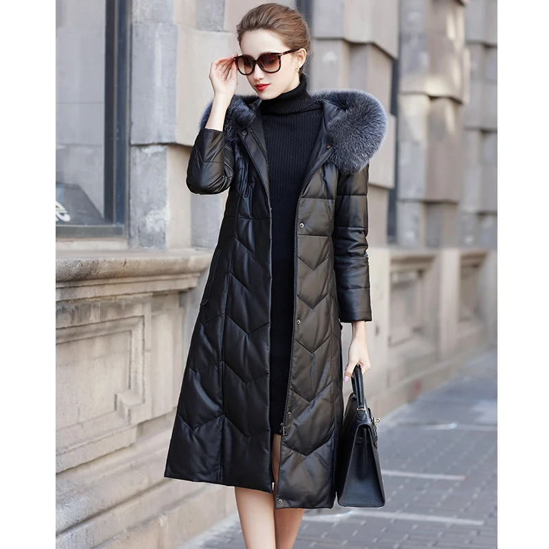 

Women's Leather Jacket Real Sheepskin Coat Female 90% White Duck Down Jackets 7xl Plus Size Women Fox Fur Collar 2021 Pph1877