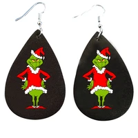 teardrop earrings christmas faux leather diy grinch with hat santa two layes black red buffalo plaid pattern leaf