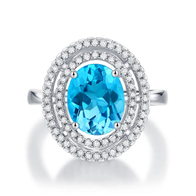 

Fashion Style 925 Sterling Silver Rings For Women 3 Carat Oval Blue Topaz Stone Moissanite surrounding Jewelry Rings For Women