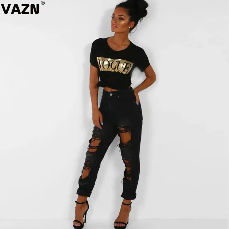 VAZN новые модные женские черные повседневные рваные джинсовые штаны с пуговицами