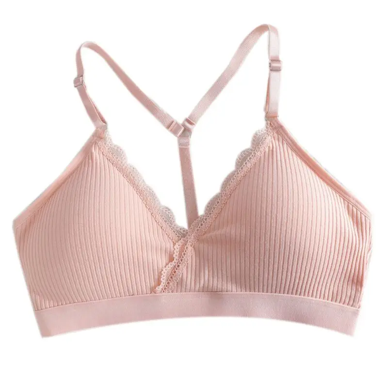 Women Wireless Sports Bra Padded Y-Back Lace Bralette V-Neck Ribbed Underwear X3UE