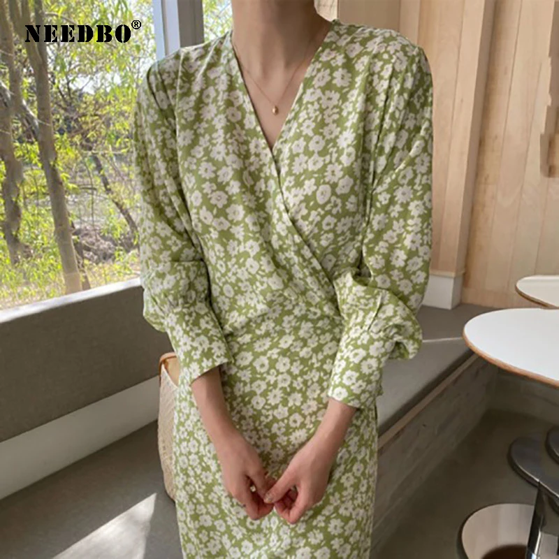 

NEEDBO Floral Long Sleeve Dresses Chic Vintage Summer A-line Korean Style Dress Mid-Length Vintage V-neck High Waist Dresses