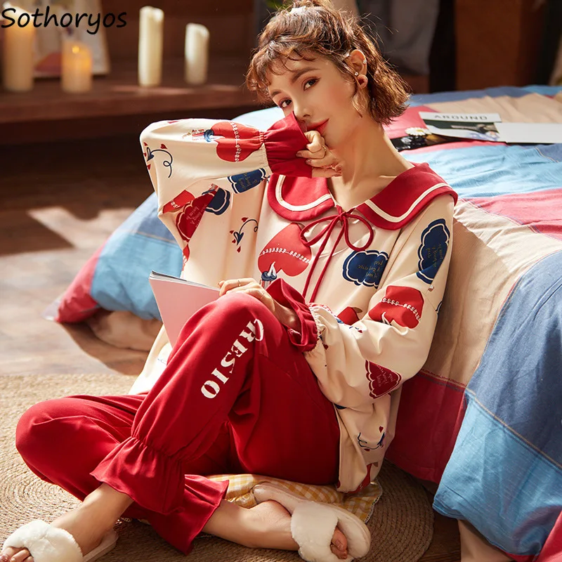 

Pajama Sets Women Peter Pan Collar Bow Kawaii Students Homewear Sleepwear Korean Style Baggy Comfortable Cartoon Ruffles Fashion