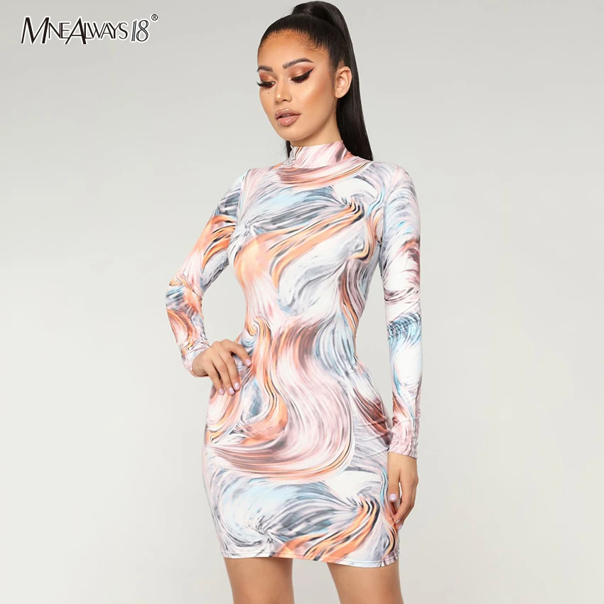 Mnealways18 платье-карандаш с цифровым принтом Galaxy Водолазка длинным рукавом