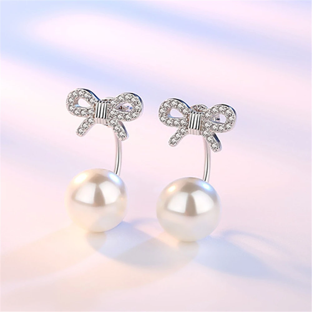 

New Fashion Female Pearl Silver Color Earrings Temperament Elegant Dazzling Bowknot Crystal Earrings Popular Jewelry
