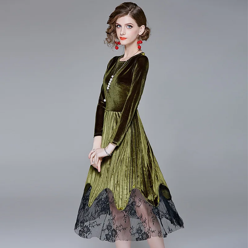 

women green velvet pleated floral dresses 2020 summer long sleeve casual sexy office work beach plus size dress slim