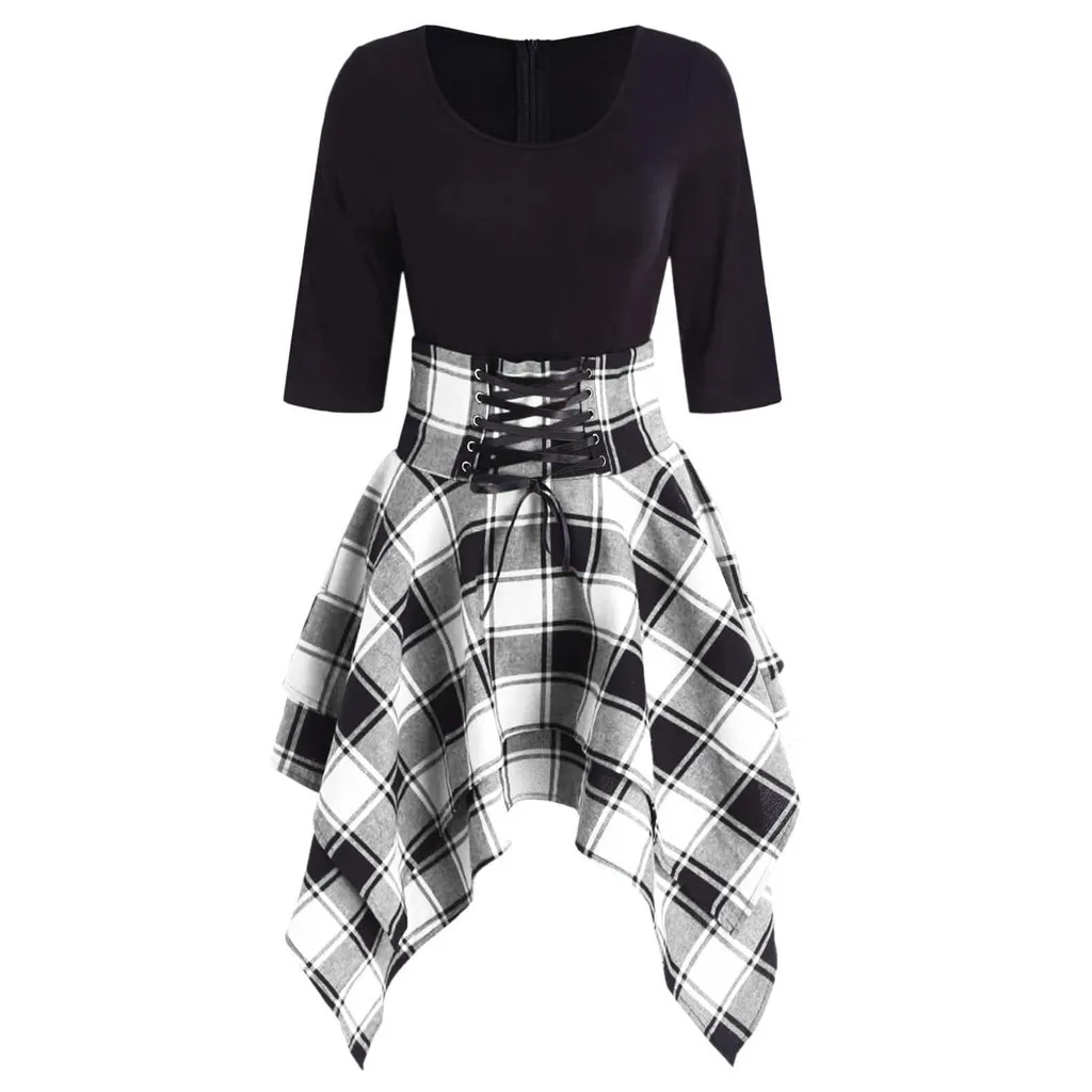 

Fashion Dresses For Women 2021 Casual O-neck Lace Up Dress Gothic Tartan Plaid Print Asymmetrical Mini Dress Vestido Feminino