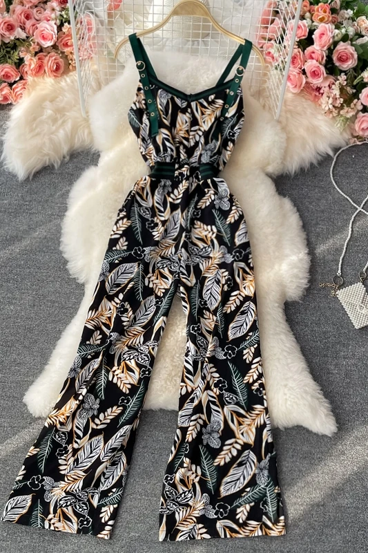 

Chiffon sling floral wide-leg jumpsuit women's summer 2021 high-waist temperament waist reduction suspender jumpsuit