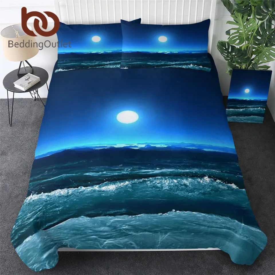 BeddingOutlet Moon And Ocean Duvet Cover Set Bed Spread Cool 3D Print Bedlinen Soft Blue Bedding 3pcs Twin Full Queen King |